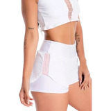 Short Saia Corrida Branco Liso Detalhe Rose