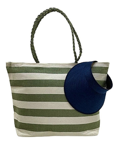 Kit Bolsa Praia Listrada Verde E Viseira Elástico Azul Boho