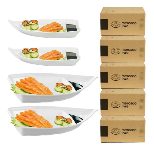 Conj 4 Barco P/ Sushi Sashimi Açaí 41cm Melamina Branca