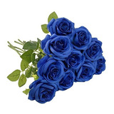 Rosas Artificiales Realistas De Seda Tallo Lago Azul X 10u