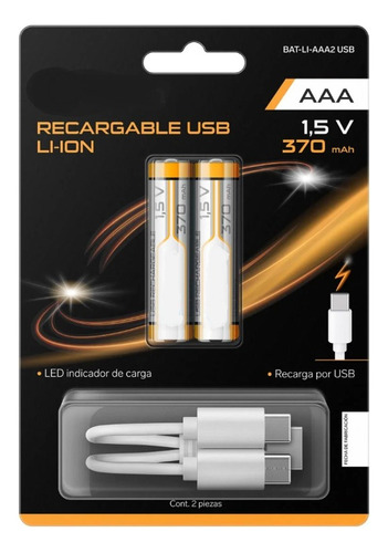 2 Baterías Recargables Usb Li-ion Aaa 370 Cable Cargador