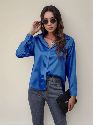 Blusas De Manga Larga De Seda Satinada For Mujer Cas -