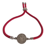 Pulsera Protección Roja Medalla San Benito Baño Plata Ajusta