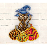 Cuadro Decorativo Gato Bruja Calabaza Halloween Madera