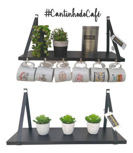 Kit 2 Prateleiras Cantinho Café Estilo Industrial + Frase 70