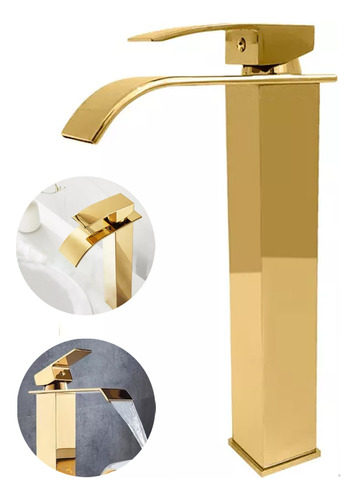 Torneira Banheiro Inox Alta Cascata Luxo Dourado Monocomando