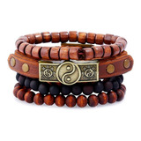 Pulsera Yin Yang De Piel Y Madera Hombre Mujer Parejas 4 Pzs