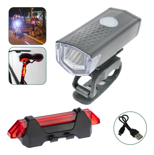 Kit Farol Bike Frontal Pisca Traseiro Led Usb Recarregável