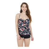 Mujer Tankini H2o Wear Strapless Flores Y Hot Pant