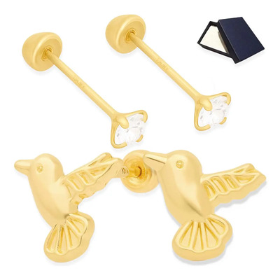 Aretes Broqueles Oro 10k Bebe Niña Mujer Dama Colibrí 2 Pares Dos Pares Piercing Perforación Broquel Basicos 10k Regalo Joyería Fina Oro 10 Kilates Amuleto Alegría Vitalidad Buena Suerte 10 Quilates