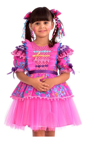 Vestido Infantil Festa Junina Bambolê Rosa Floral Tule 655