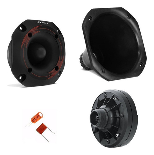 Super Tweeter + Driver Hinor 100w Rms Cada Twuiter + Drive Som Profissional + Corneta 1450 Curta Plástica + Capacitores