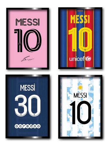 4 Cuadros Camisetas Dorsales Lionel Messi Enmarcado 30x40c/u