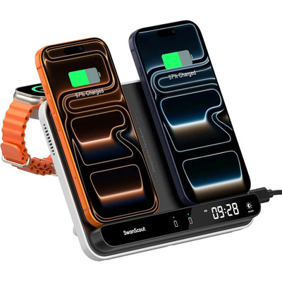 SwanScout 710A - Cargador Inalámbrico Dual 3 en 1, compatible con iPhone 17\u002F16\u002F15\u002F14\u002F13\u002F12, Apple Watch Ultra 3\u002FUltra 2\u002FUltra\u002F11\u002F10\u002F9\u002F8\u002F7\u002F6 y AirPods Pro 4\u002FPro 3\u002FPro 2\u002F4\u002F3\u002F2 | Meses sin interés