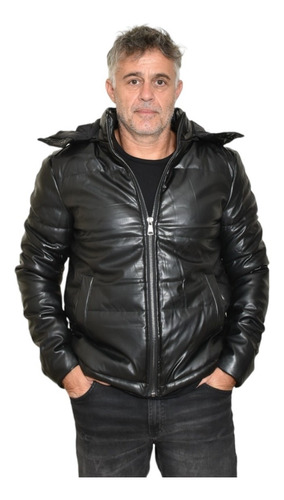 Campera Hombre Invierno Puffer Ecocuero Abrigada Capucha  