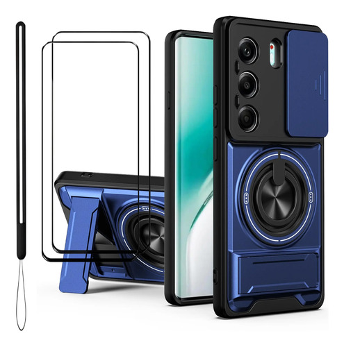 Funda Para Tecno Camon 40 4g Car Magnetic Mount Camera Sliding Window Anti-drop 2 In 1 Pc+tpu Ring Holder Kickstand Case + 2 Micas