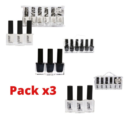 Pack X3 Pinturas De Uñas Blanca, Negra Y Brillo Transparente