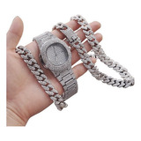 Juego De Reloj De Diamantes+collar De Pulsera Brillante Hip