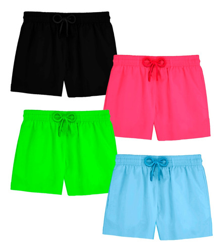 Kit 4 Peças Bermudas Shorts Neon Rosa Verde Azul Preto