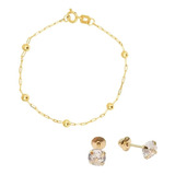 Pulseira Infantil De Bola Com Brinco De Pedra 4mm Ouro 18k