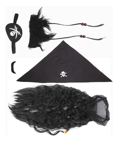 Set De Peluca Con Barba Falsa Y Bigote De Pirata Negro