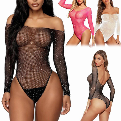 Lenceria Bodysuit Encaje Malla Diamantes Brillante Body Mono