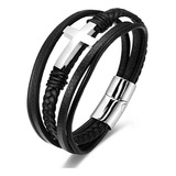 Biyongde Brazalete De Cuero Trenzado Negro Para Hombre, Cruz