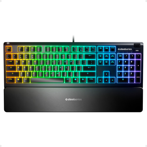 Teclado Gamer Steelseries Apex 3 Qwerty Portugués Brasil Color Negro Con Luz Rgb