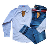Kit Com Calça Jeans Com Lycra+ Camisa Jeans Tam 1 A 16 Anos.