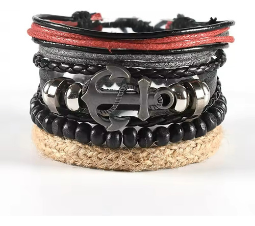 Conjunto Pulsera Nautica Cuero Cuencas Ancla 4 En 1