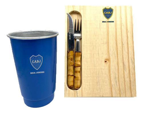 Set Asado C Cubiertos Madera Y Vaso 1 Litro Boca Juniors