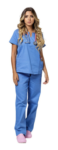 Conjunto Pijama Cirúrgico Feminino Brim Leve Azul