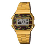 Relógio De Pulso Casio Youth Vintage A-168 Com Corpo Dourado,  Digital, Fundo  Cinza E Camuflado, Com Correia De Aço Inoxidável Cor Dourado, Subdials De Cor Preto, Ponteiro De Minutos/segundos Preto, 