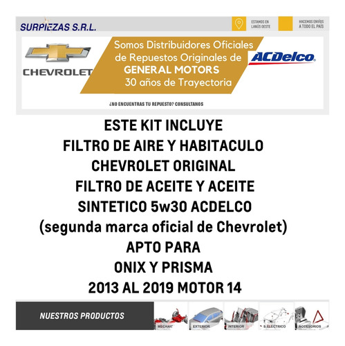 Kit Filtros Chevrolet Onix Prisma + Aceite Sintetico Acdelco Foto 6