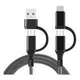 Cable Multifuncional 4 En 1 Multi Usb Lighting Tipo C Negro