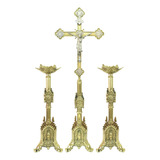 Conjunto De Castiçais Para Altar E Cruz - Gótico - 3 Peças