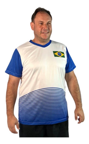 Camisa Uv Plus Size Brasil Branca Azul Amarela Nação Dry Fit