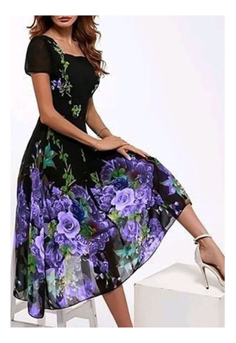 Elegant Women's Long Dress Printed Short Sleeves