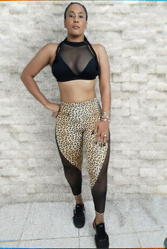 Conjunto Moda Fitness Animal Print Detalhes Telados