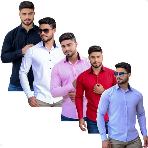 Kit 5 Camisa Social Masculina Slim Fit Manga Longa Promoção