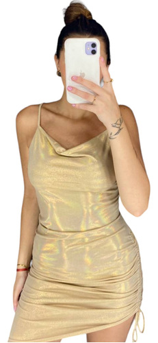 Vestido Elastizado Holografico Cuello Buche Tira Frunce