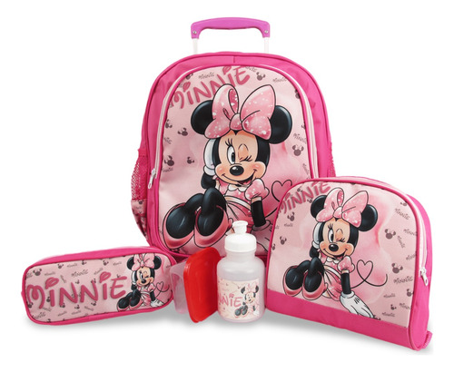 Kit Escolar Infantil Mochila Minnie Mouse Rodinhas Tam M 