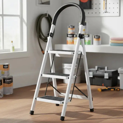 Escalera de Acero Plegable 3 Escalones Tipo Tijera Antideslizante Blanca | Meses sin interés