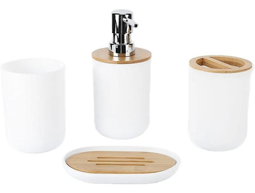 Set 4 Accesorios Baño Diseño Nórdico Bambu Dispenser Jabón 