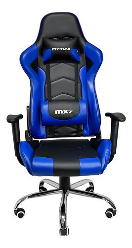 Cadeira De Escritório Mymax Mx7 Gamer Ergonômica  Preto E Azul Com Estofado De Couro