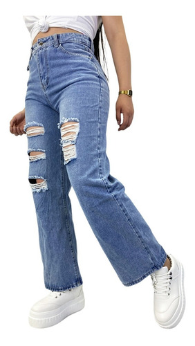 Pantalon Jeans Recto Destroyed De Mujer, Rigidos Hq3388