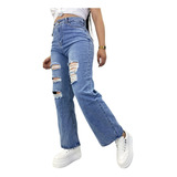 Pantalon Jeans Recto Destroyed De Mujer, Rigidos Hq3388