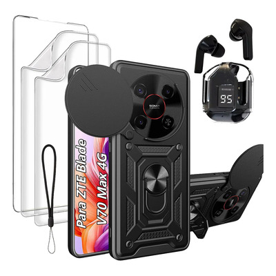 6 Kit Funda Para Zte Blade V70 Max+ Micas Cristal+2 Pantalla De Hidrogel+ Auriculares Bluetooth,carcasa Resistente Al Uso Rudo Anillo Soport