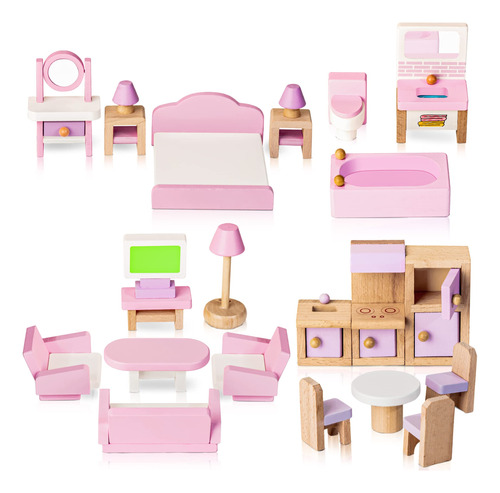 Juego De Muebles De Madera Para Casa De Muecas, Kit De 5 Hab