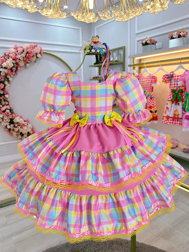 Vestido Infantil Junino Menina Luxo Xadrez Colorido Rosa | Frete grátis